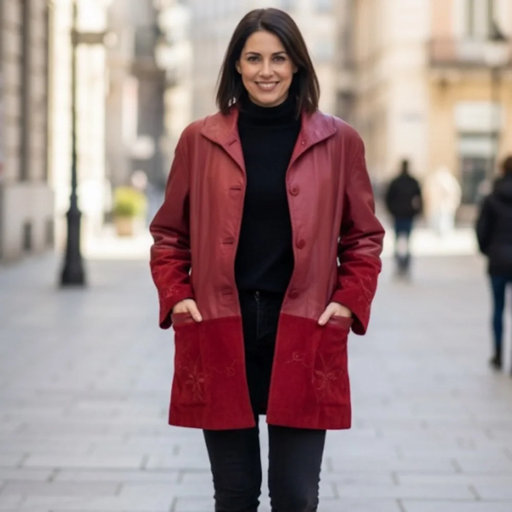 Lambskin Leather Red Suede Midi Jacket Embroidered